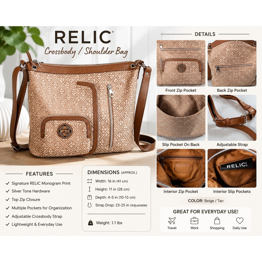 Relic by Fossil Tan Monogram Logo Crossbody Bag Brown Multi Pocket Organizer